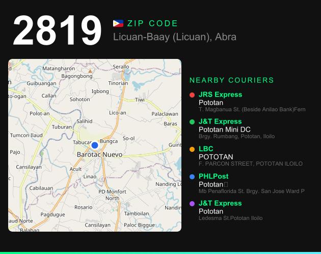 ZIP code 2819 map with courier pickup points for Barangay Cawayan