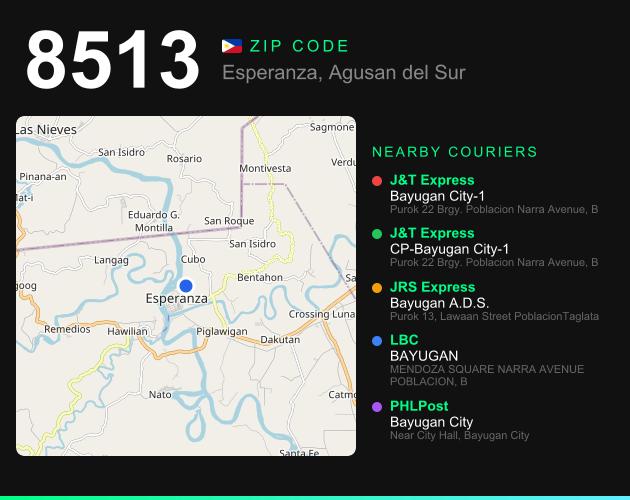 ZIP code 8513 map with courier pickup points for Barangay Oro