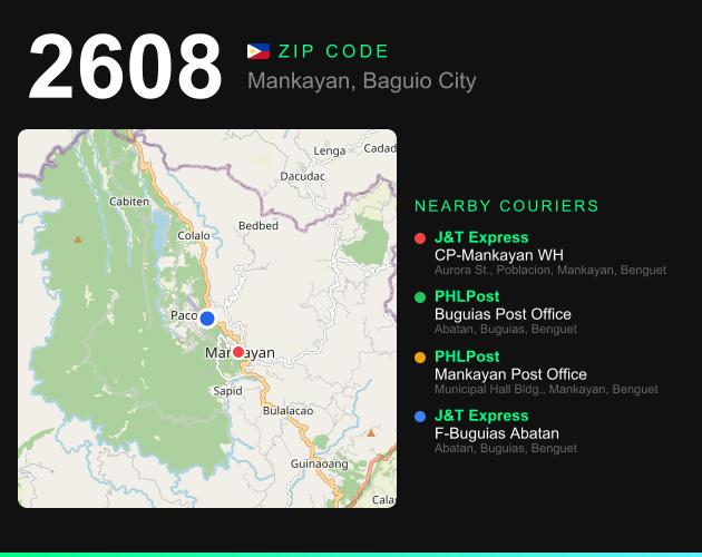 ZIP code 2608 map with courier pickup points for Barangay Bedbed