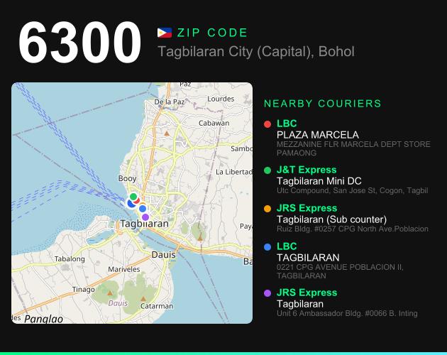 ZIP code 6300 map with courier pickup points for Tagbilaran City (Capital)