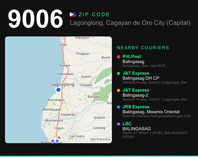 ZIP code 9006 map with courier pickup points for Lagonglong