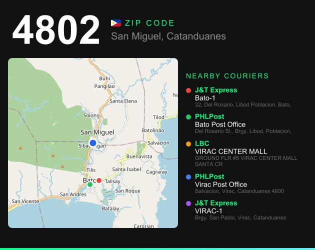 ZIP code 4802 map with courier pickup points for Barangay Boton