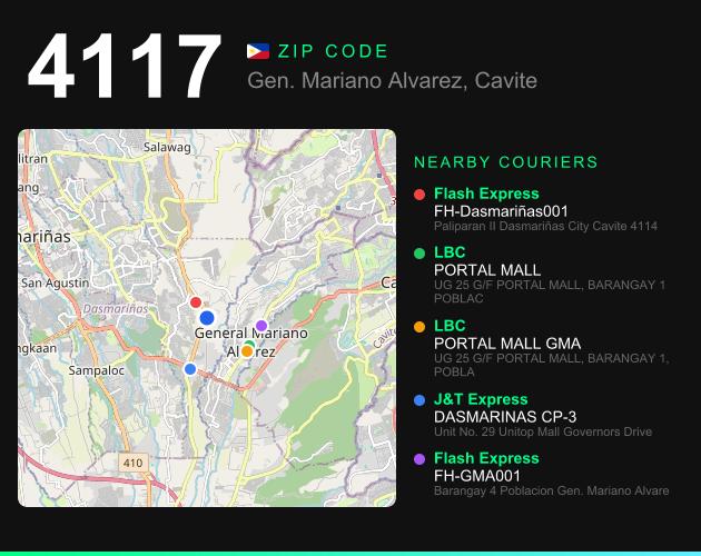 ZIP code 4117 map with courier pickup points for Barangay Severino De Las Alas