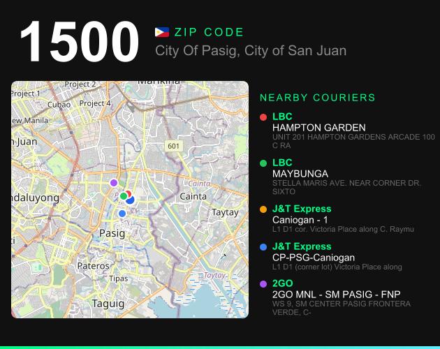 ZIP code 1500 map with courier pickup points for City Of Pasig