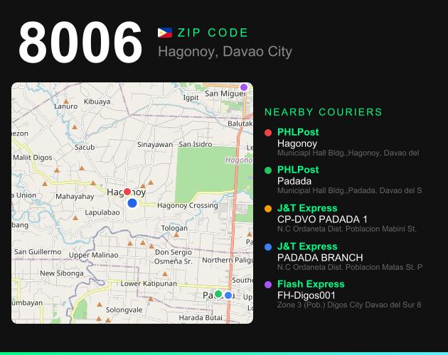 ZIP code 8006 map with courier pickup points for Barangay Paligue