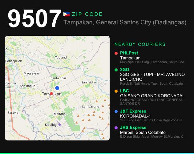 ZIP code 9507 map with courier pickup points for Barangay Danlag