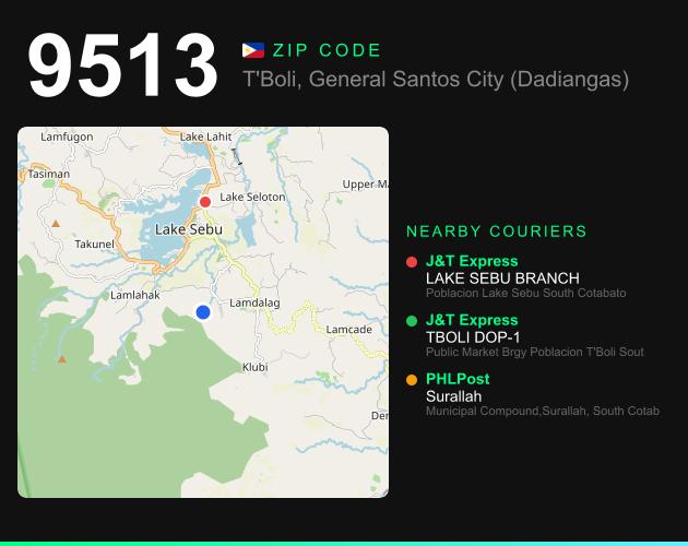 ZIP code 9513 map with courier pickup points for Barangay Lamhako