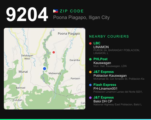 ZIP code 9204 map with courier pickup points for Barangay Cabasaran