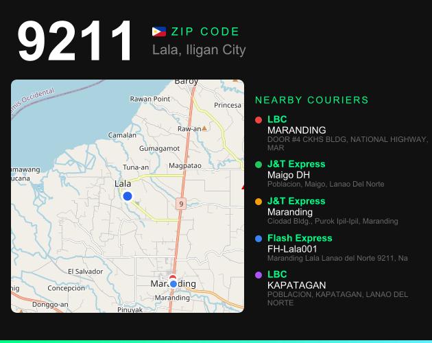 ZIP code 9211 map with courier pickup points for Barangay Magpatao