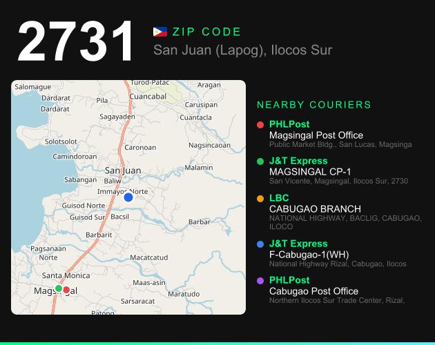 ZIP code 2731 map with courier pickup points for Barangay Cabanglotan