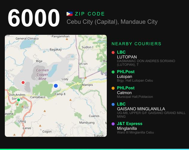 ZIP code 6000 map with courier pickup points for Barangay Agsungot