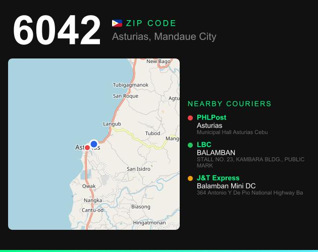 ZIP code 6042 map with courier pickup points for Barangay Bairan