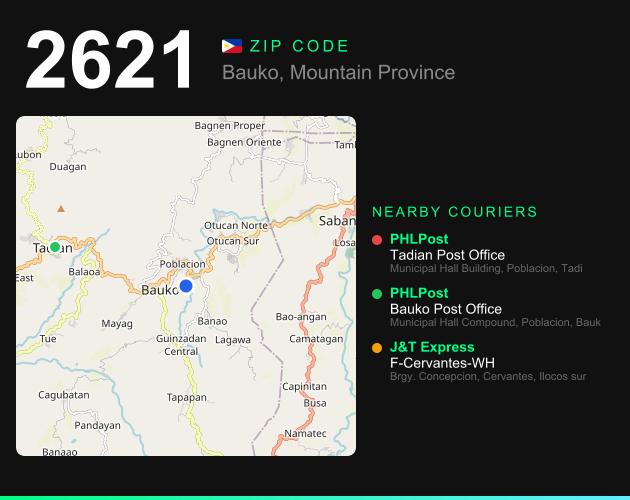 ZIP code 2621 map with courier pickup points for Barangay Bagnen Oriente