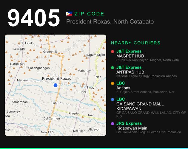 ZIP code 9405 map with courier pickup points for Barangay Idaoman