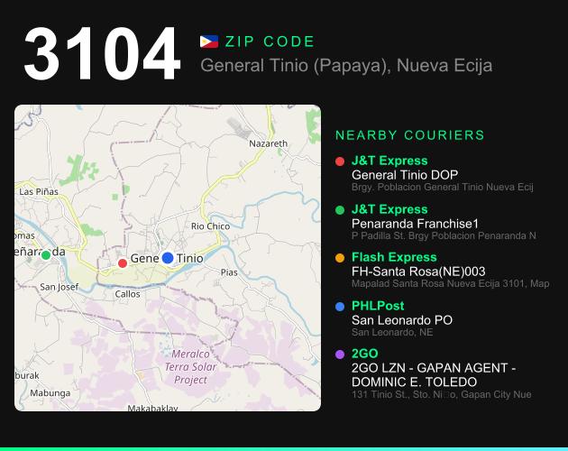 ZIP code 3104 map with courier pickup points for Barangay San Pedro (Pob.)