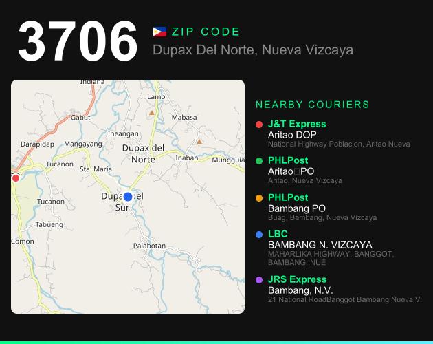 ZIP code 3706 map with courier pickup points for Dupax Del Norte