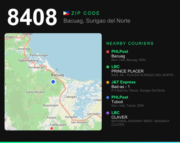 ZIP code 8408 map with courier pickup points for Bacuag