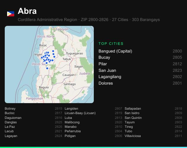 Abra ZIP codes map with all cities