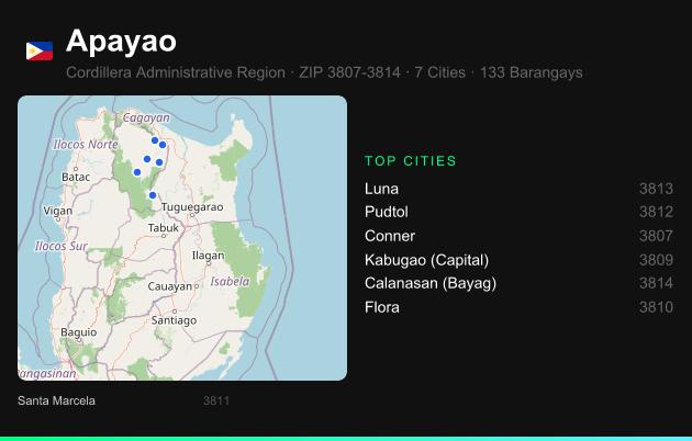 Apayao ZIP codes map with all cities