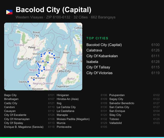 Bacolod City (Capital) ZIP codes map with all cities