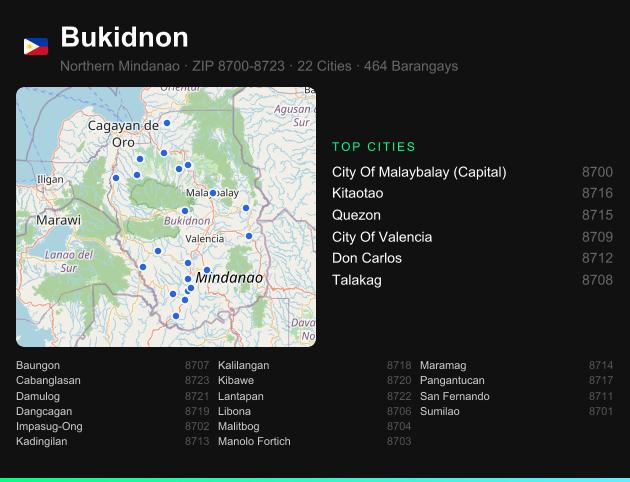 Bukidnon ZIP codes map with all cities