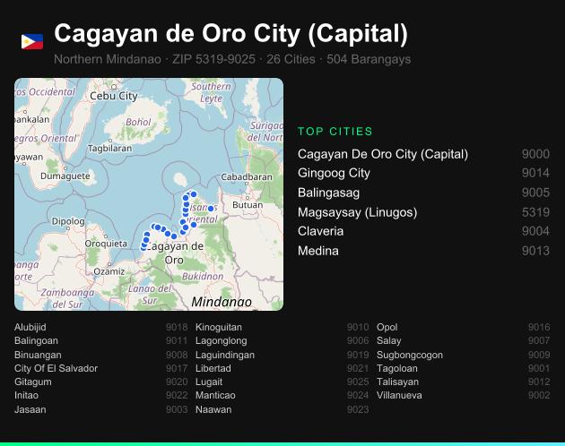 Cagayan de Oro City (Capital) ZIP codes map with all cities