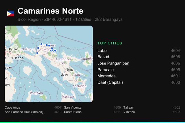 Camarines Norte ZIP codes map with all cities