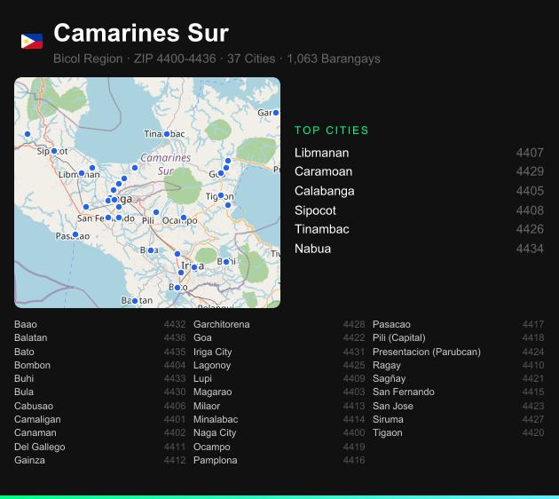 Camarines Sur ZIP codes map with all cities
