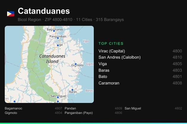 Catanduanes ZIP codes map with all cities