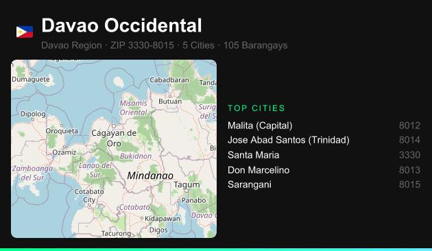 Davao Occidental ZIP codes map with all cities