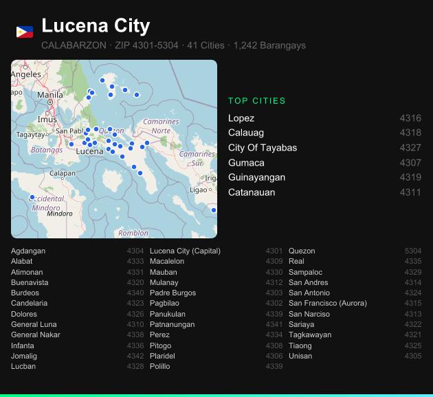 Lucena City ZIP codes map with all cities