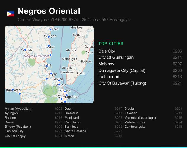 Negros Oriental ZIP codes map with all cities