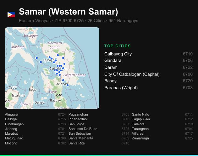 Samar (Western Samar) ZIP codes map with all cities