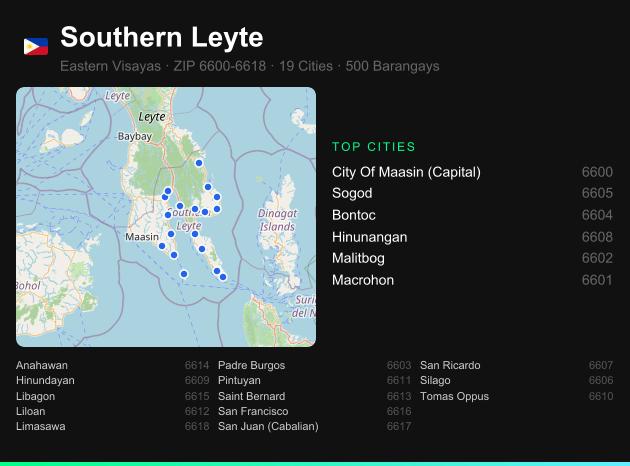 Southern Leyte ZIP codes map with all cities