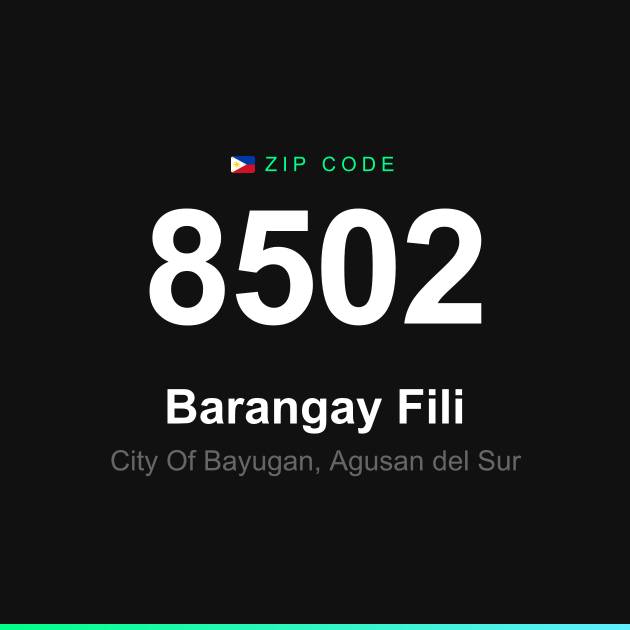 Shareable ZIP code 8502 card for Barangay Fili