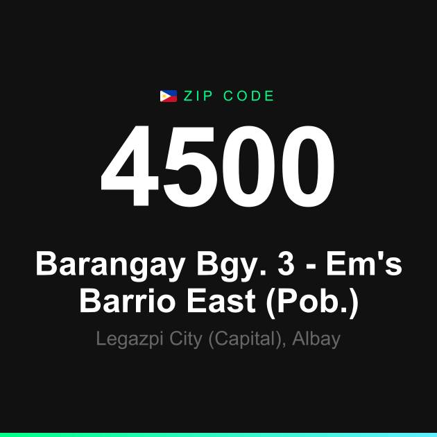Shareable ZIP code 4500 card for Barangay Bgy. 3 - Em's Barrio East (Pob.)