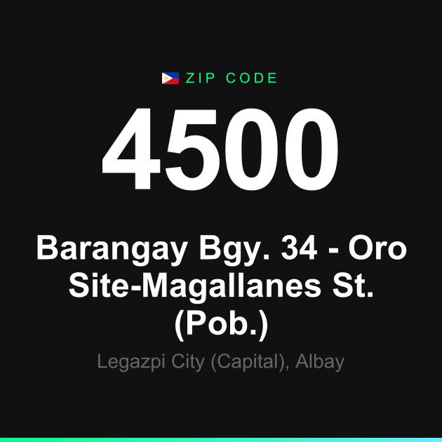 Shareable ZIP code 4500 card for Barangay Bgy. 34 - Oro Site-Magallanes St. (Pob.)