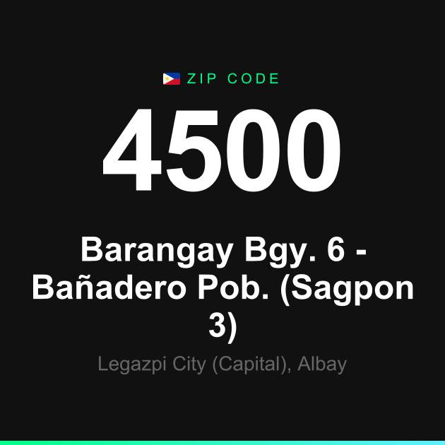 Shareable ZIP code 4500 card for Barangay Bgy. 6 - Bañadero Pob. (Sagpon 3)