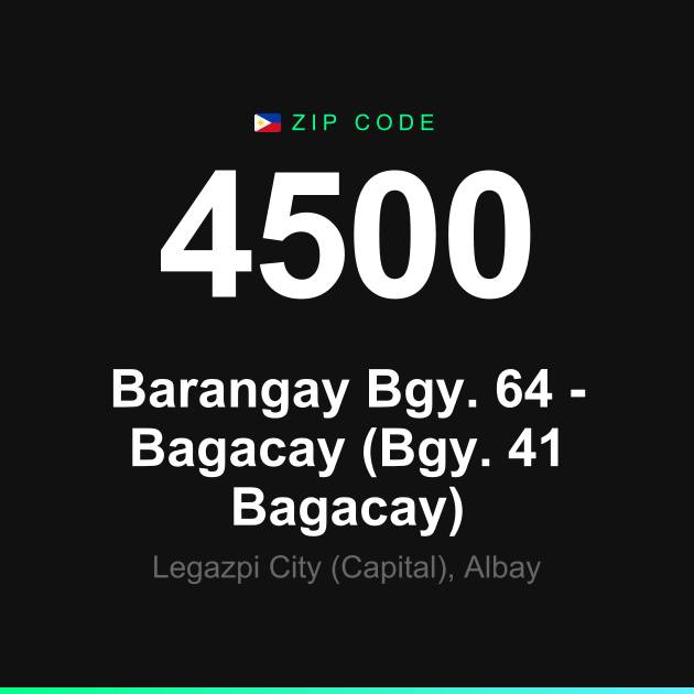 Shareable ZIP code 4500 card for Barangay Bgy. 64 - Bagacay (Bgy. 41 Bagacay)
