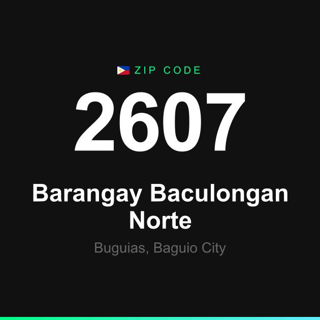 Shareable ZIP code 2607 card for Barangay Baculongan Norte