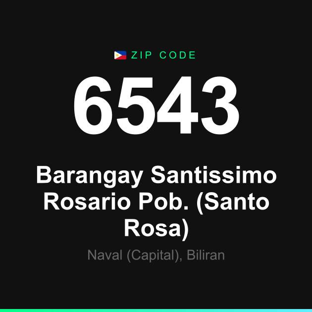 Shareable ZIP code 6543 card for Barangay Santissimo Rosario Pob. (Santo Rosa)
