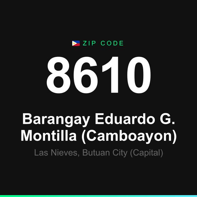 Shareable ZIP code 8610 card for Barangay Eduardo G. Montilla (Camboayon)
