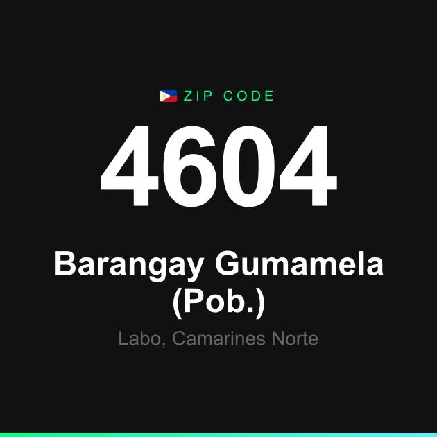Shareable ZIP code 4604 card for Barangay Gumamela (Pob.)