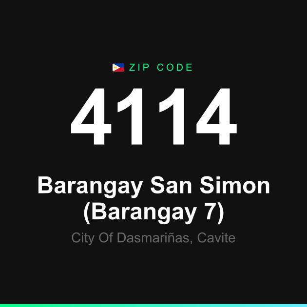 Shareable ZIP code 4114 card for Barangay San Simon (Barangay 7)
