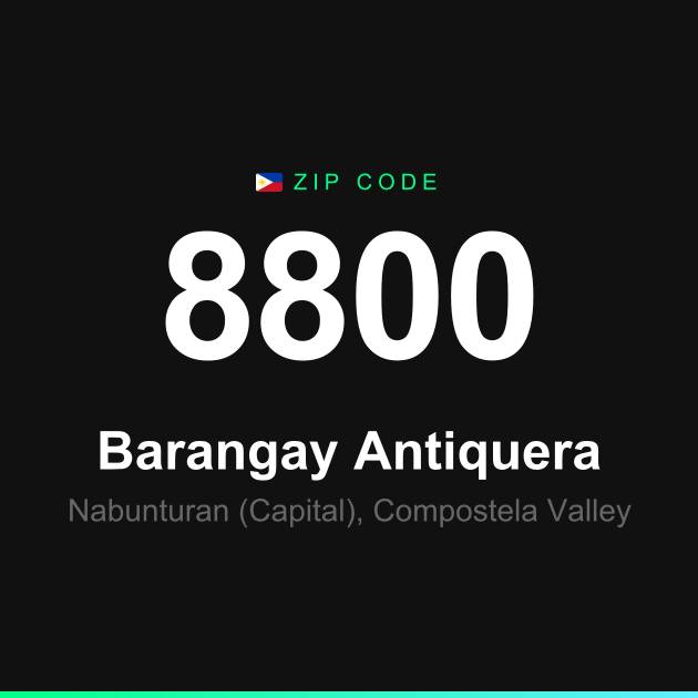 Shareable ZIP code 8800 card for Barangay Antiquera
