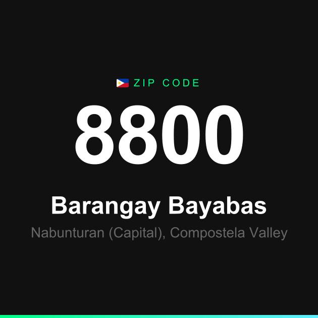 Shareable ZIP code 8800 card for Barangay Bayabas