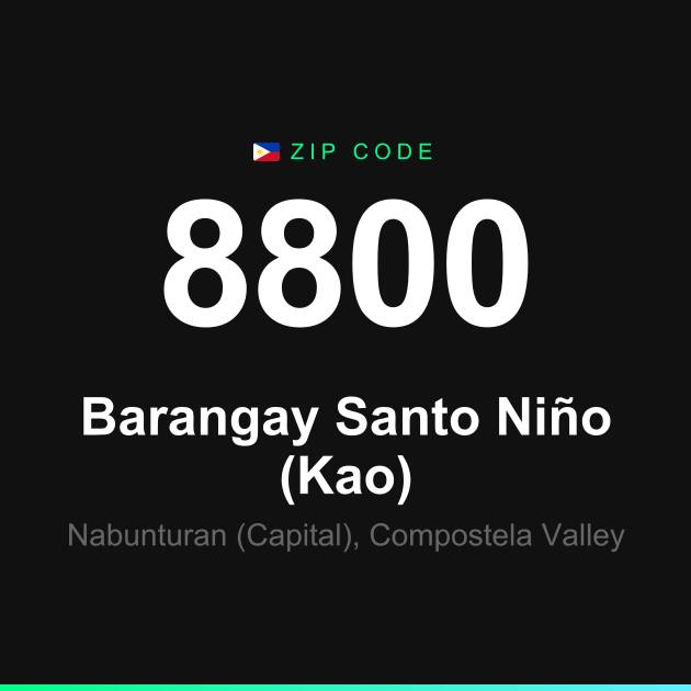 Shareable ZIP code 8800 card for Barangay Santo Niño (Kao)