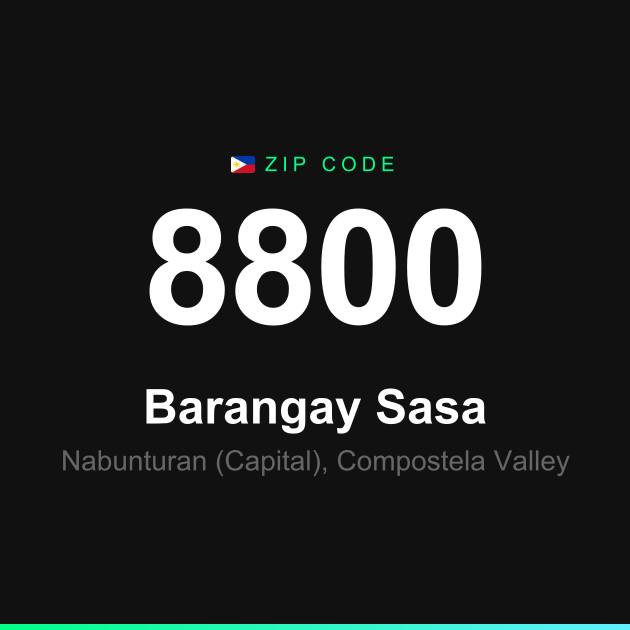 Shareable ZIP code 8800 card for Barangay Sasa