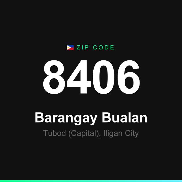 Shareable ZIP code 8406 card for Barangay Bualan