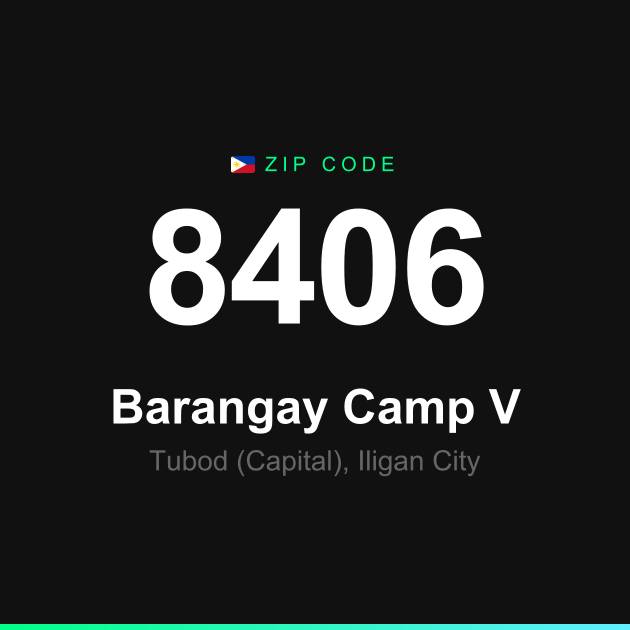 Shareable ZIP code 8406 card for Barangay Camp V